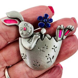 Vintage JJ Easter Bunny Brooch – Rabbit With Flower in Egg – Pewter Finish Ename